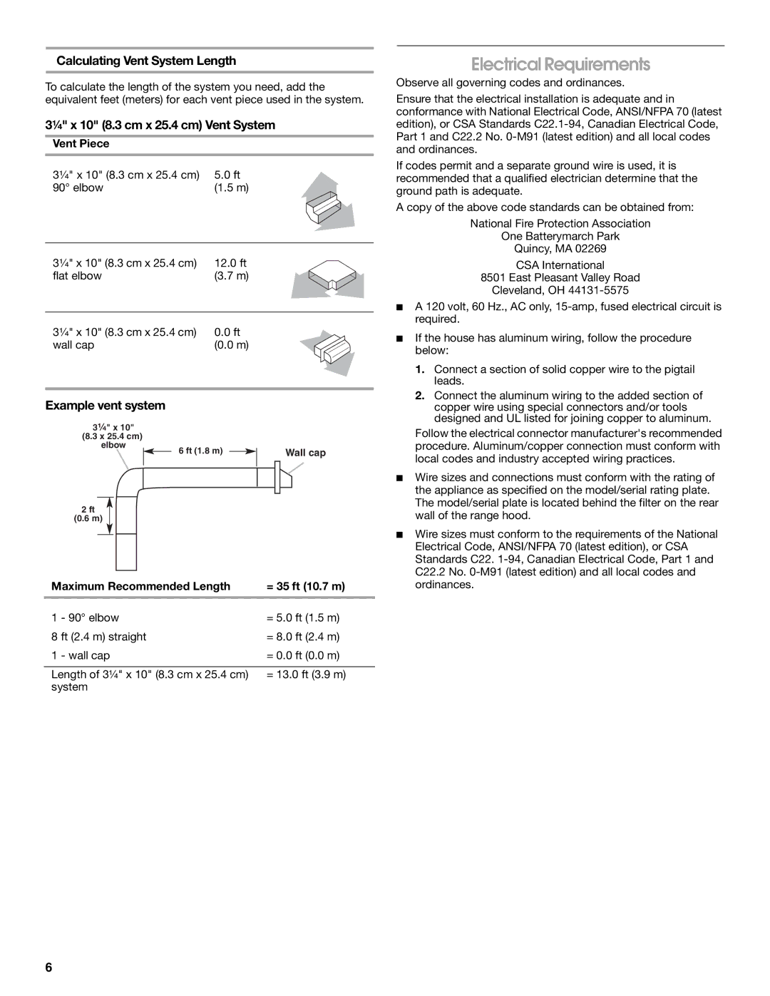 Whirlpool LI3Z3A, UXT3036AY Electrical Requirements, Calculating Vent System Length, ¹⁄₄ x 10 8.3 cm x 25.4 cm Vent System 