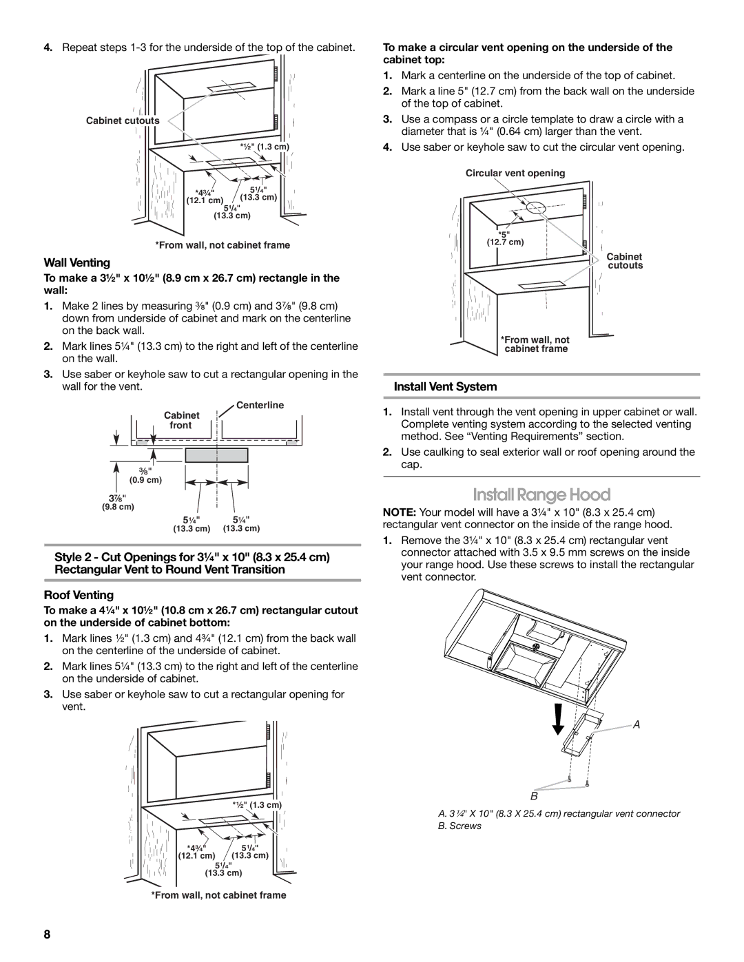 Whirlpool UXT3036AY, UXT3030AY, LI3Z3A, W10400321B Install Range Hood, Wall Venting, Install Vent System 