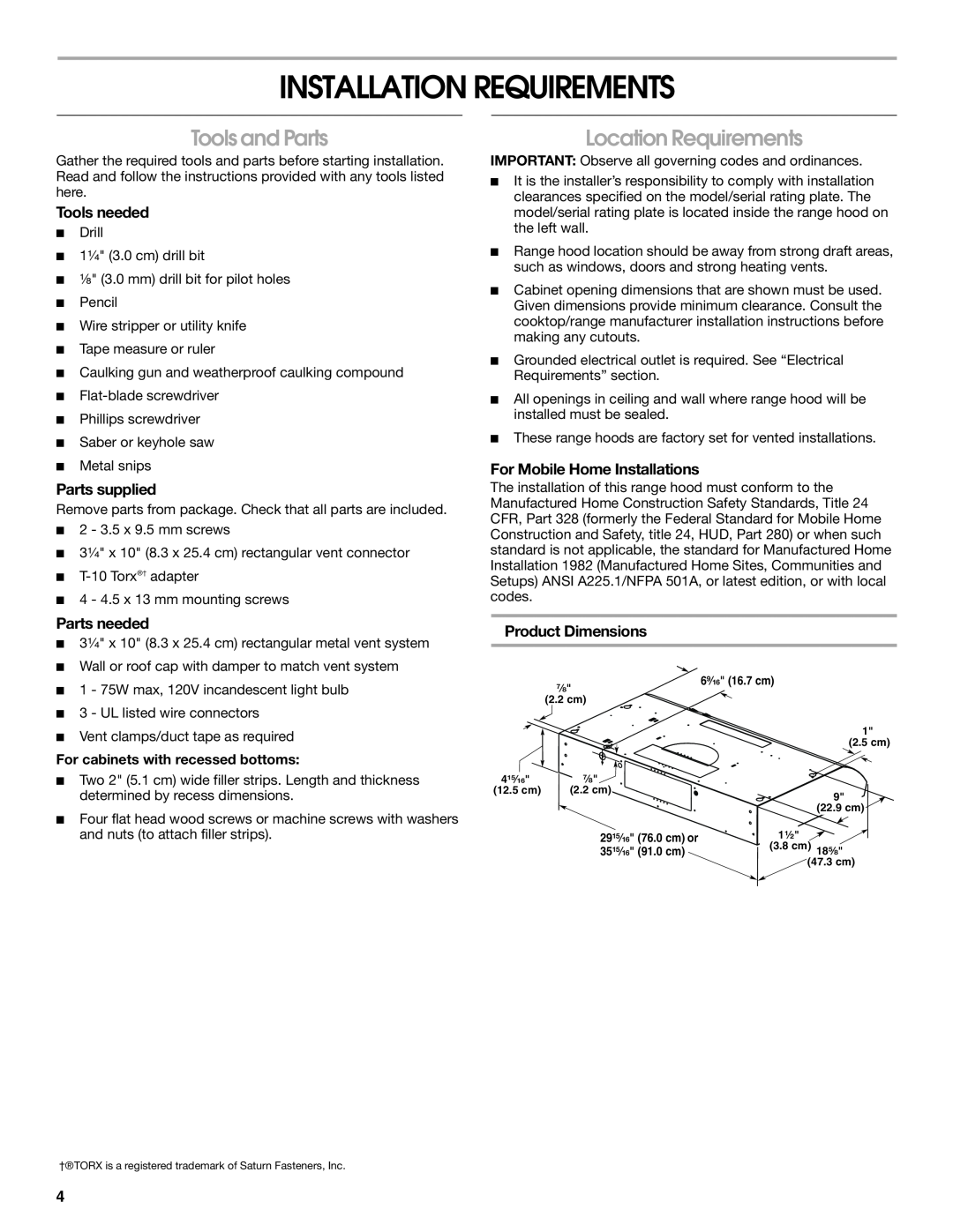 Whirlpool UXT3036AY Installation Requirements, Tools and Parts, Location Requirements, Tools needed, Parts supplied 