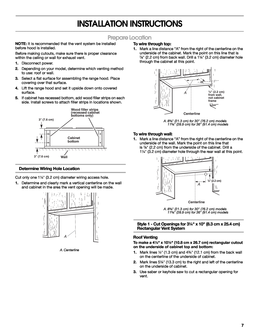 Whirlpool W10400321B Installation Instructions, Prepare Location, To wire through top, To wire through wall, Roof Venting 