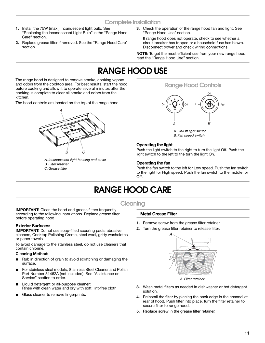 Whirlpool UXT3030AY, UXT3036AY Range Hood USE, Range Hood Care, Complete Installation, Range Hood Controls, Cleaning 