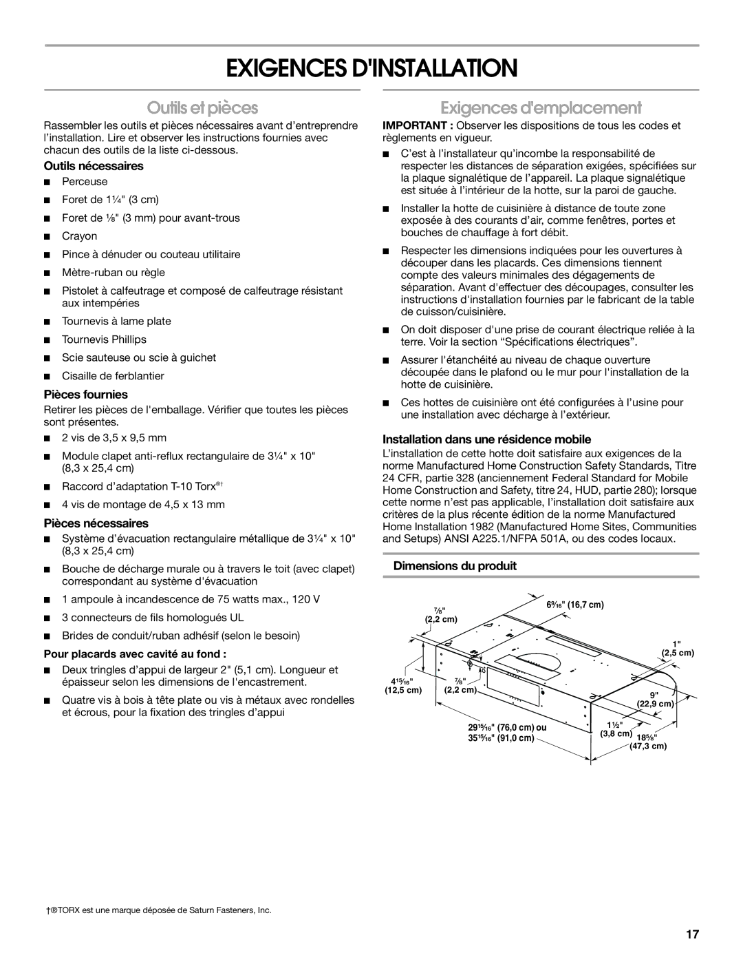 Whirlpool UXT3030AY, UXT3036AY installation instructions Exigences Dinstallation, Outils et pièces, Exigences demplacement 