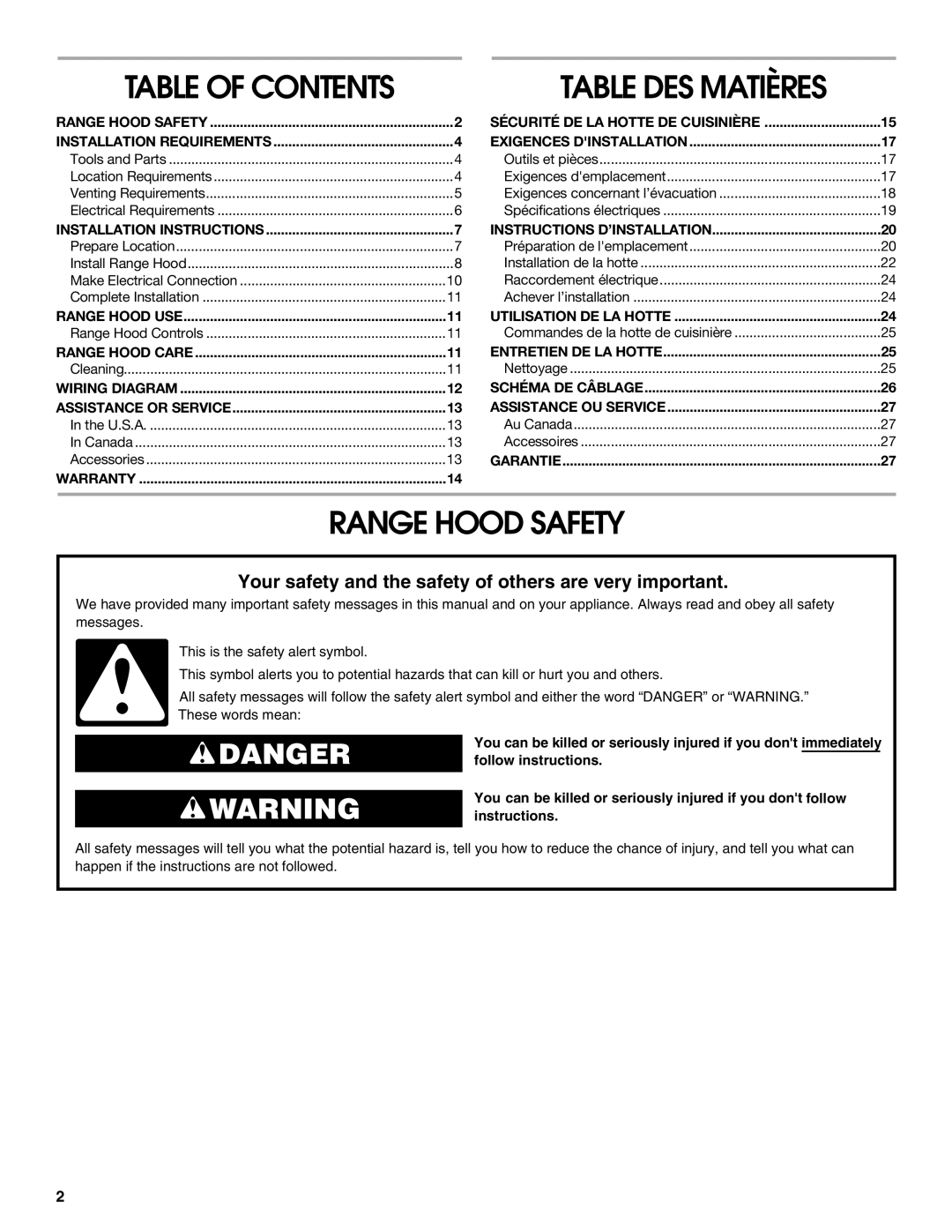 Whirlpool UXT3036AY, UXT3030AY installation instructions Range Hood Safety, Table of Contents 