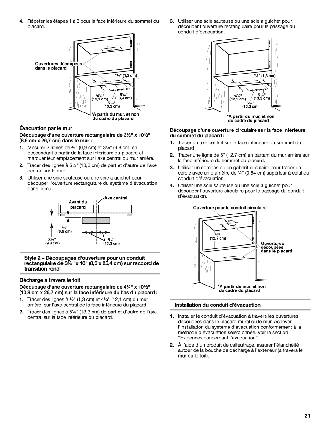 Whirlpool UXT3030AY, UXT3036AY installation instructions Évacuation par le mur, Installation du conduit d’évacuation 