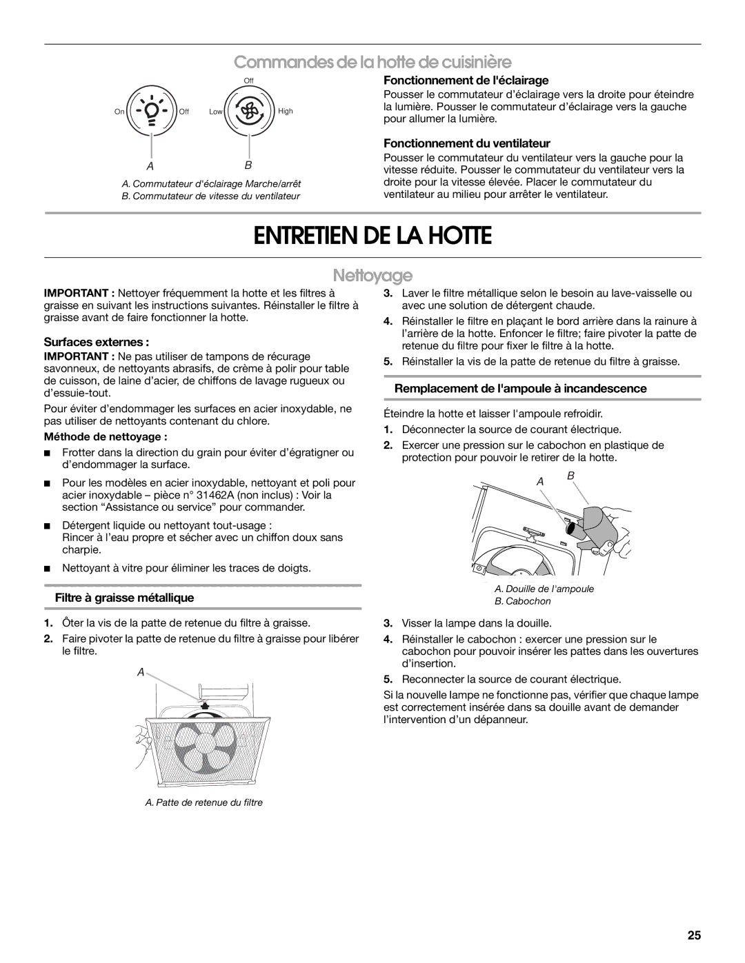 Whirlpool UXT3030AY, UXT3036AY Entretien DE LA Hotte, Commandes de la hotte de cuisinière, Nettoyage 