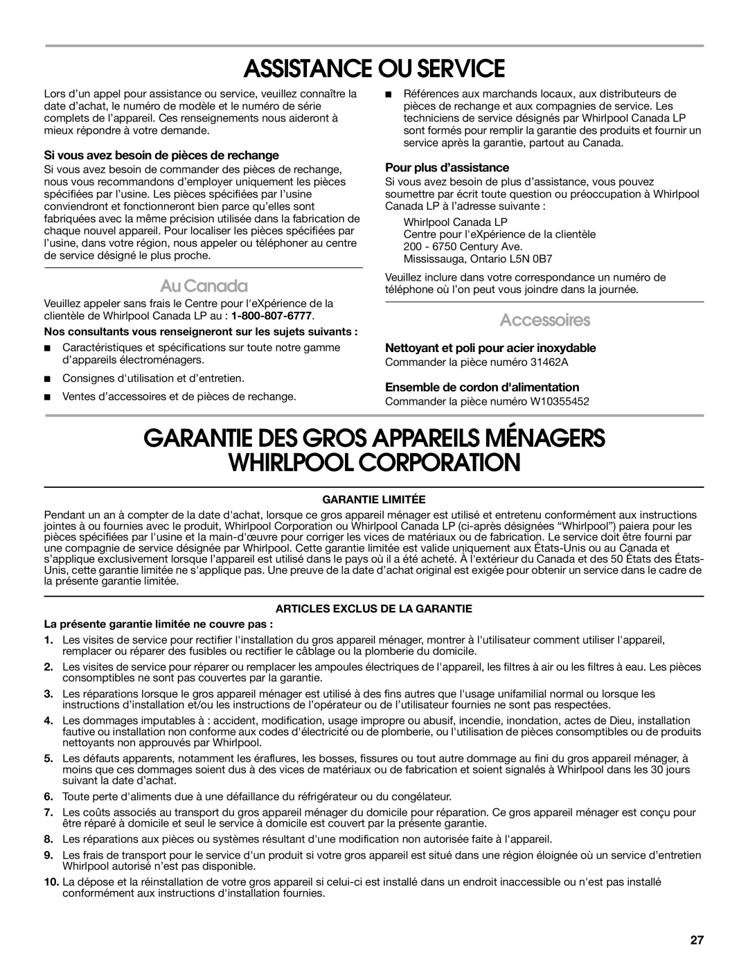 Whirlpool UXT3030AY Assistance OU Service, Garantie DES Gros Appareils Ménagers Whirlpool Corporation, Au Canada 