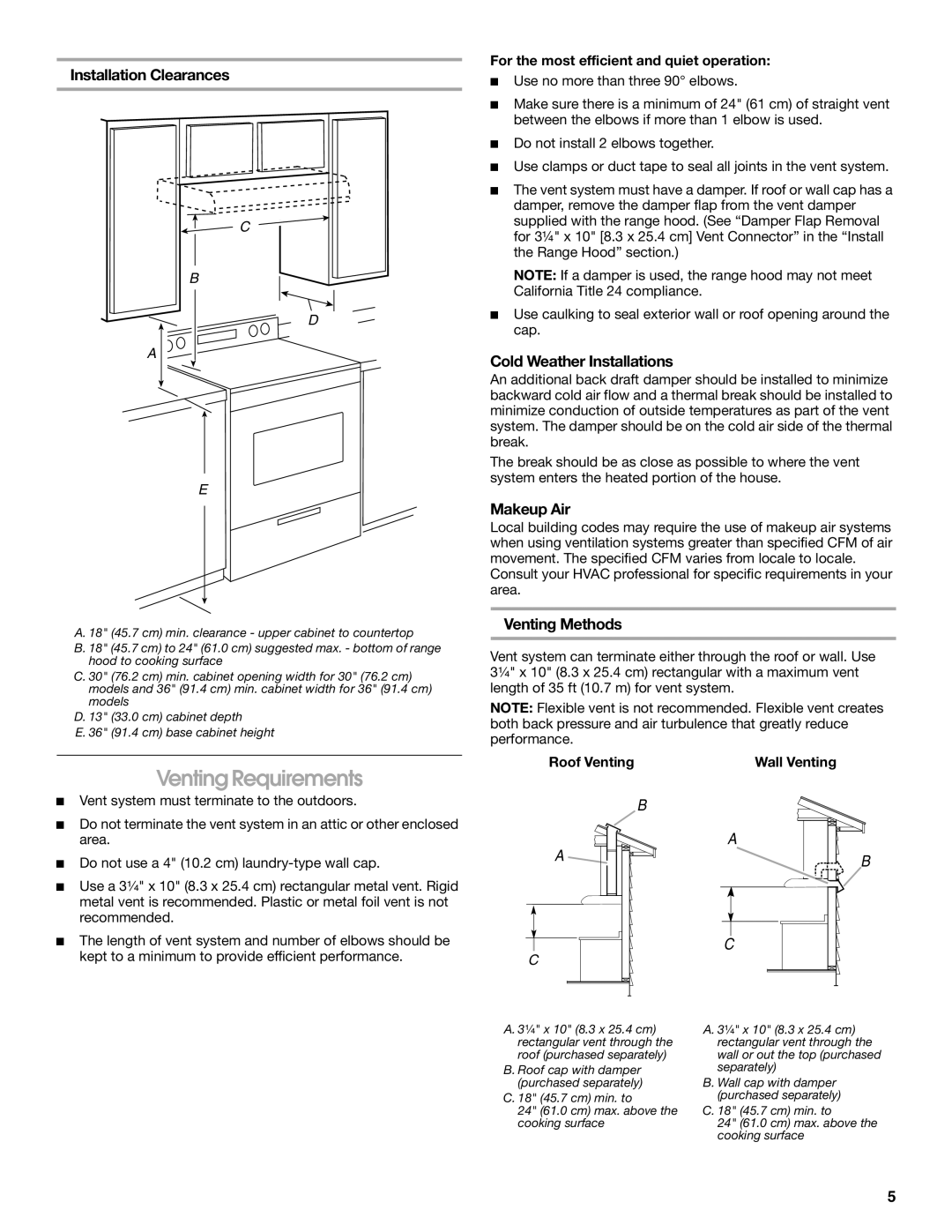 Whirlpool UXT3030AY Venting Requirements, Installation Clearances, Cold Weather Installations, Makeup Air, Venting Methods 