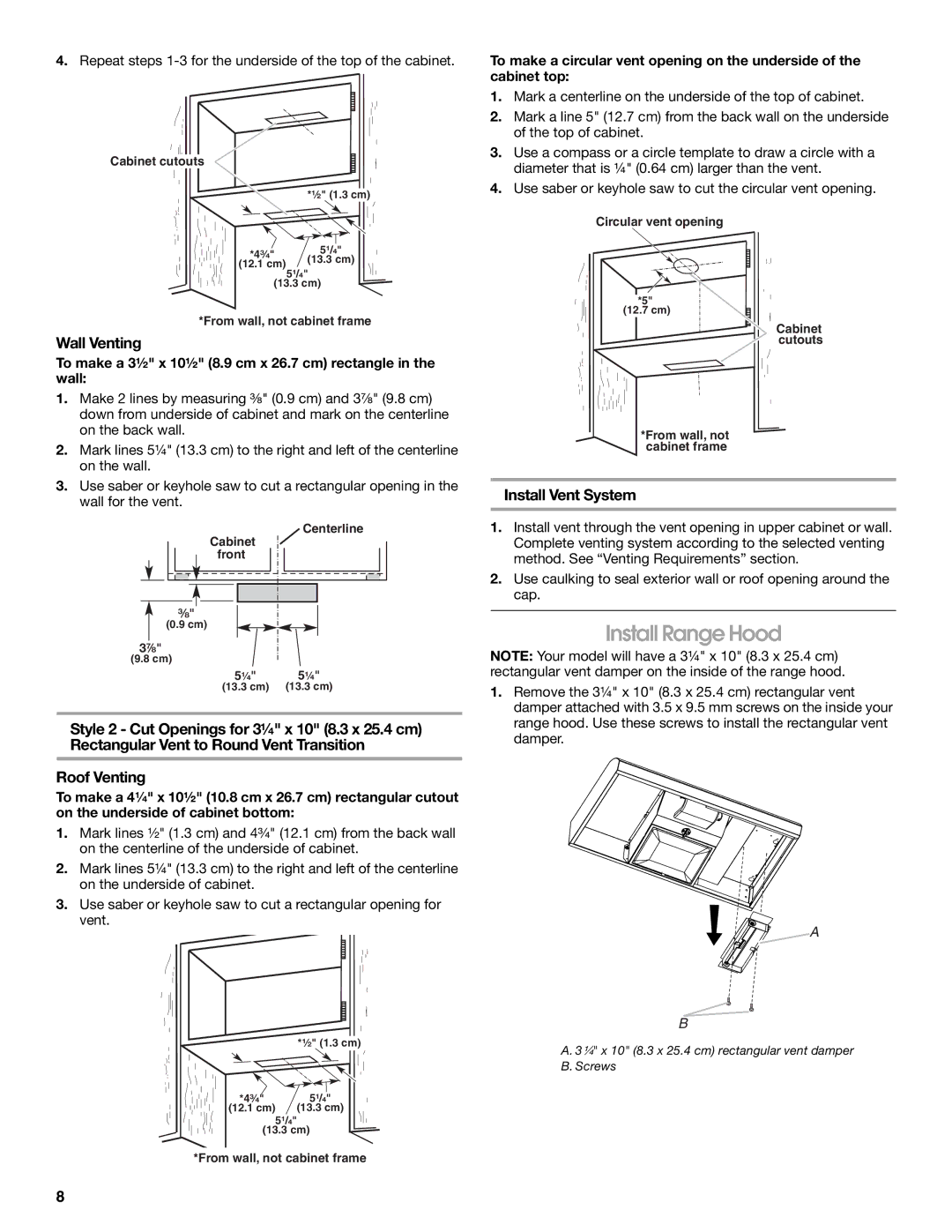 Whirlpool UXT3036AY, UXT3030AY installation instructions Install Range Hood, Wall Venting, Install Vent System 