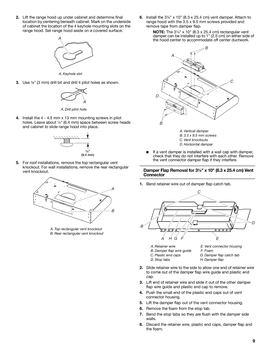 Whirlpool UXT3030AY, UXT3036AY installation instructions Damper Flap Removal for 3¼ x 10 8.3 x 25.4 cm Vent Connector 