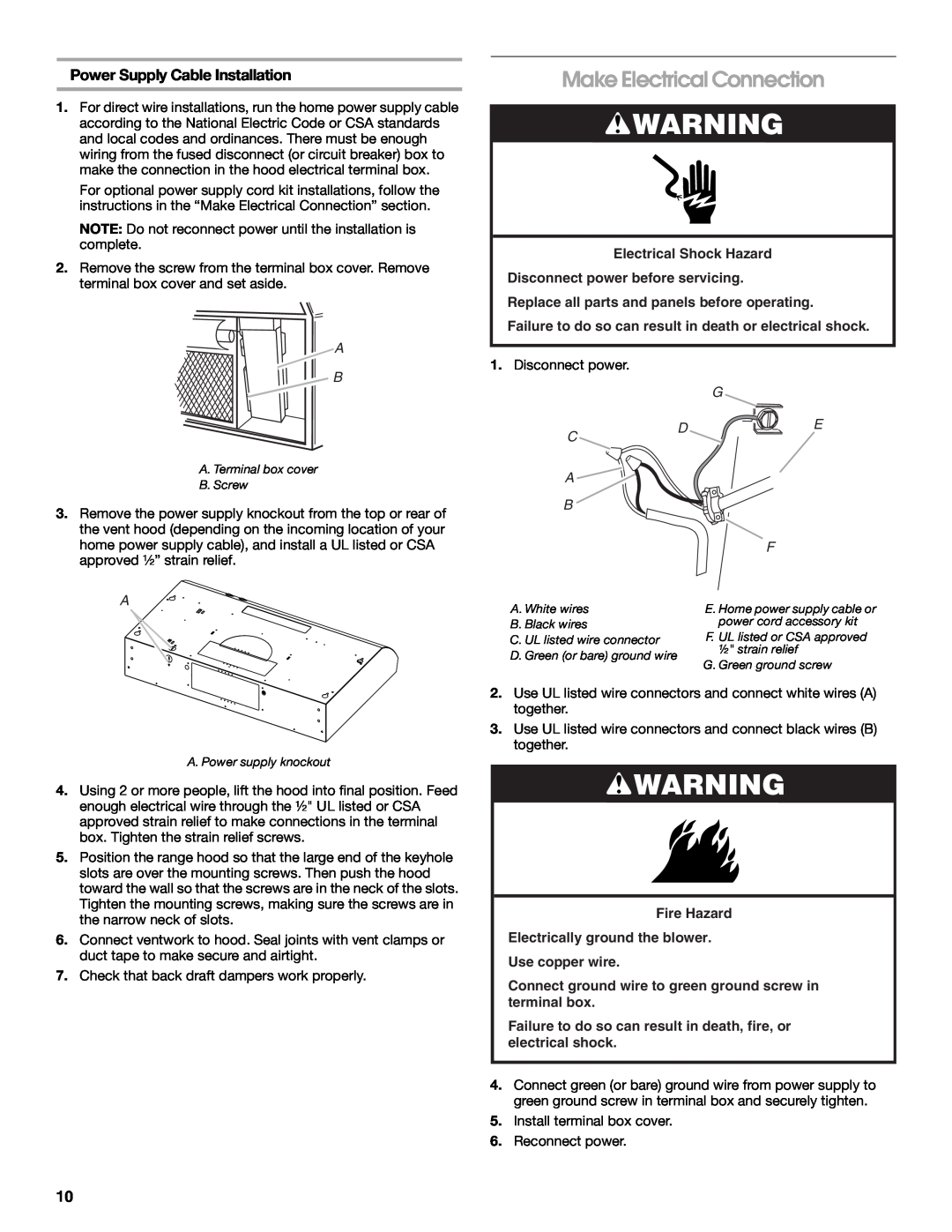 Whirlpool UXT3036AY, UXT3030AY installation instructions Make Electrical Connection, Power Supply Cable Installation 