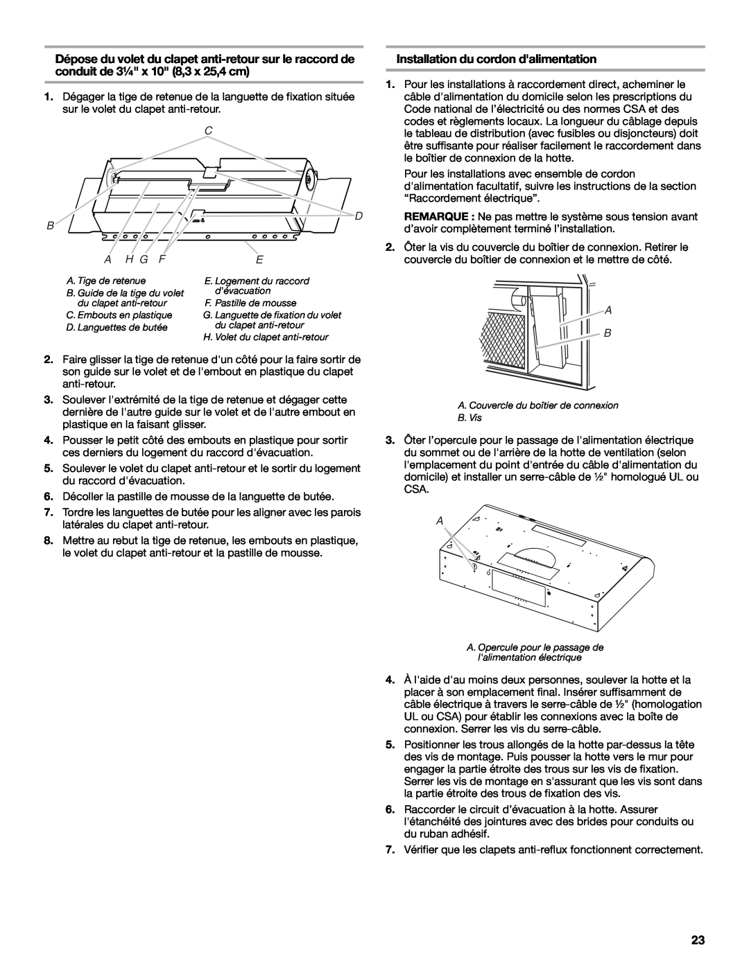 Whirlpool UXT3030AY, UXT3036AY installation instructions Installation du cordon dalimentation, B A H G F 