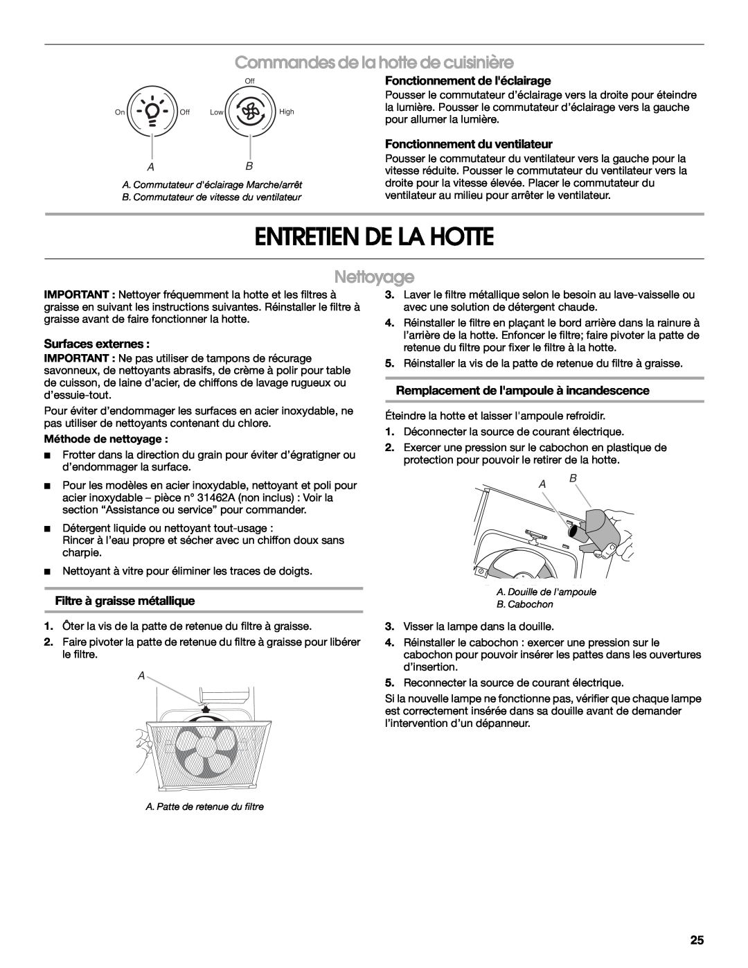 Whirlpool UXT3030AY Entretien De La Hotte, Commandes de la hotte de cuisinière, Nettoyage, Fonctionnement de léclairage 