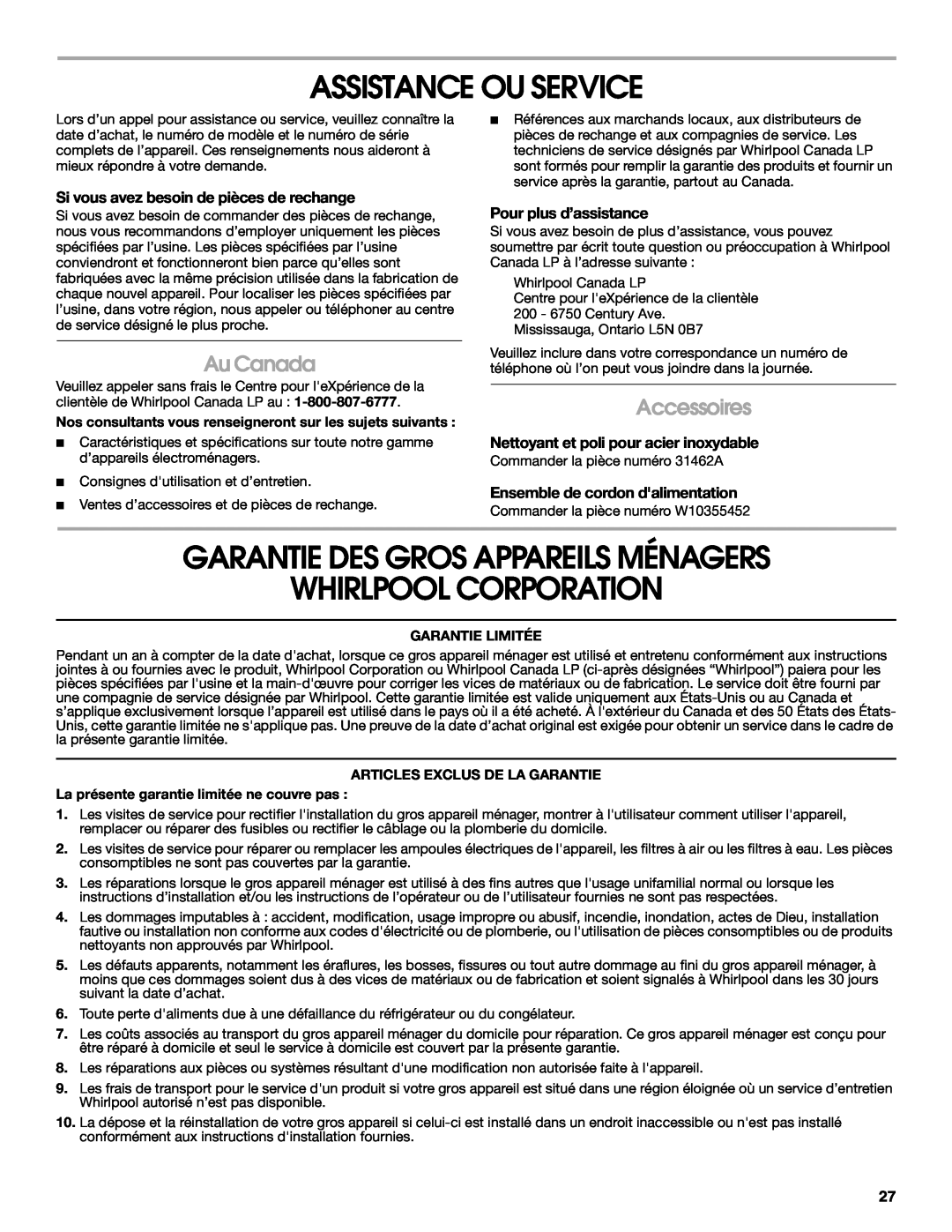 Whirlpool UXT3030AY Assistance Ou Service, Garantie Des Gros Appareils Ménagers Whirlpool Corporation, Au Canada 