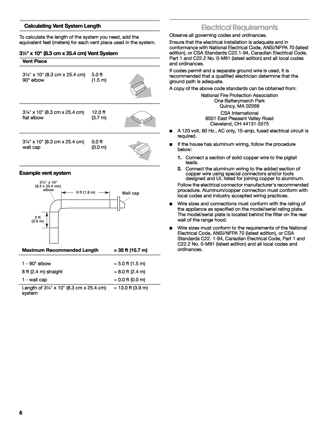 Whirlpool UXT3036AY Electrical Requirements, Calculating Vent System Length, 3¹⁄₄ x 10 8.3 cm x 25.4 cm Vent System 