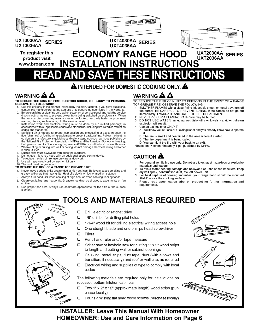 Whirlpool UXT2030AA, UXT4030AA, UXT3030AA, UXT2036AA, UXT3036AA installation instructions Read and Save These Instructions 