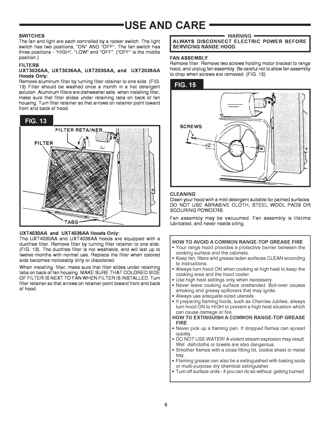 Whirlpool UXT4030AA, UXT2030AA, UXT3030AA, UXT2036AA, UXT3036AA, UXT4036AA installation instructions Use And Care 
