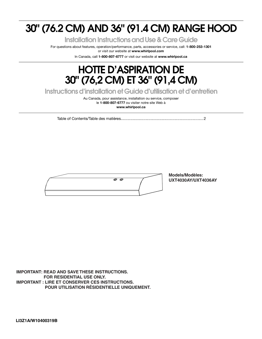 Whirlpool UXT4036AY, UXT4030AYS installation instructions Hotte D’ASPIRATION DE 