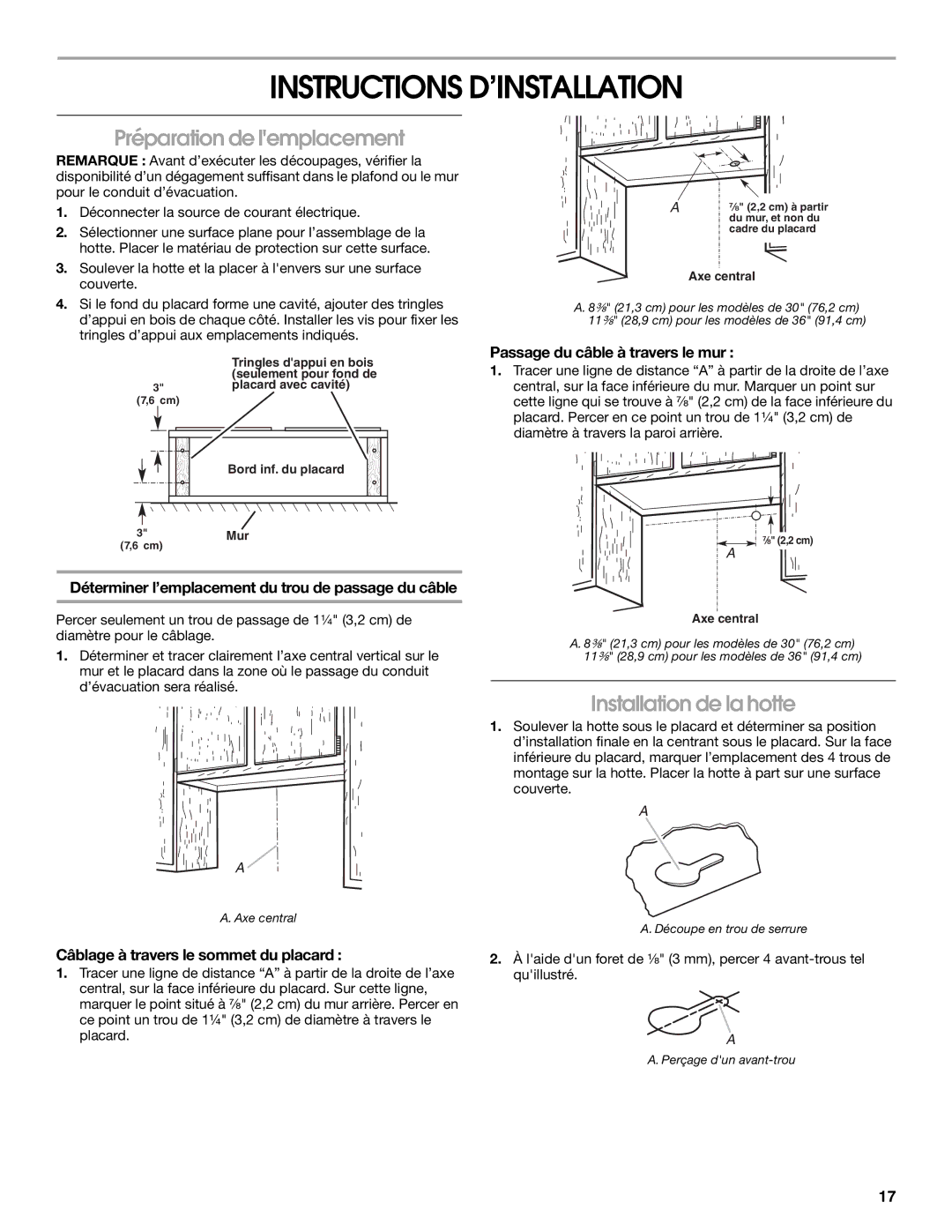 Whirlpool UXT4030AYS, UXT4036AY Instructions D’INSTALLATION, Préparation de lemplacement, Installation de la hotte 