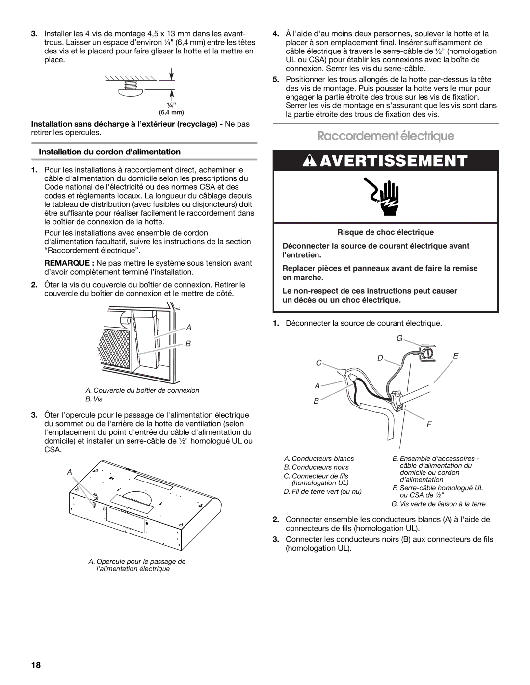 Whirlpool UXT4036AY, UXT4030AYS installation instructions Raccordement électrique, Installation du cordon dalimentation 