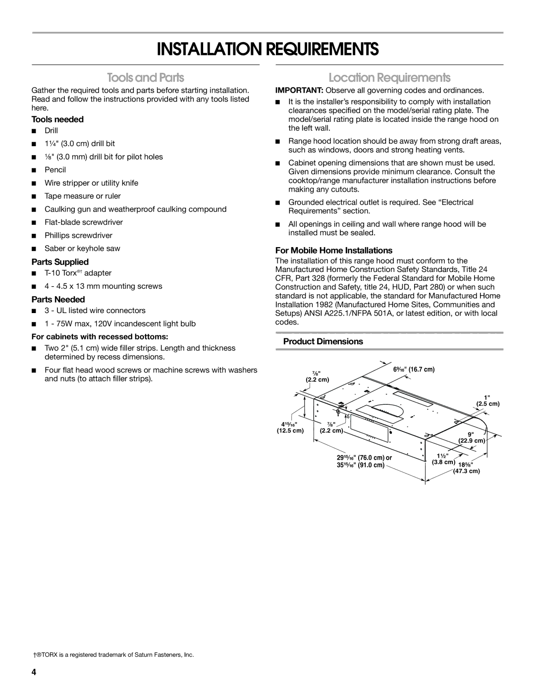 Whirlpool UXT4036AY, UXT4030AYS Installation Requirements, Tools and Parts, Location Requirements 