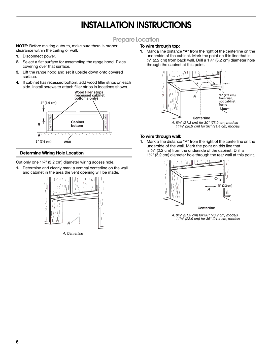 Whirlpool UXT4030AY Installation Instructions, Prepare Location, Determine Wiring Hole Location, To wire through top 