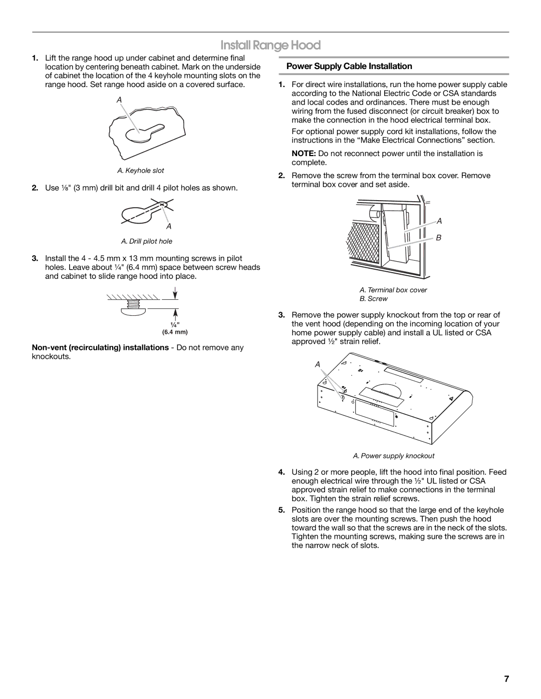 Whirlpool UXT4036AY, UXT4030AYS installation instructions Install Range Hood, Power Supply Cable Installation 