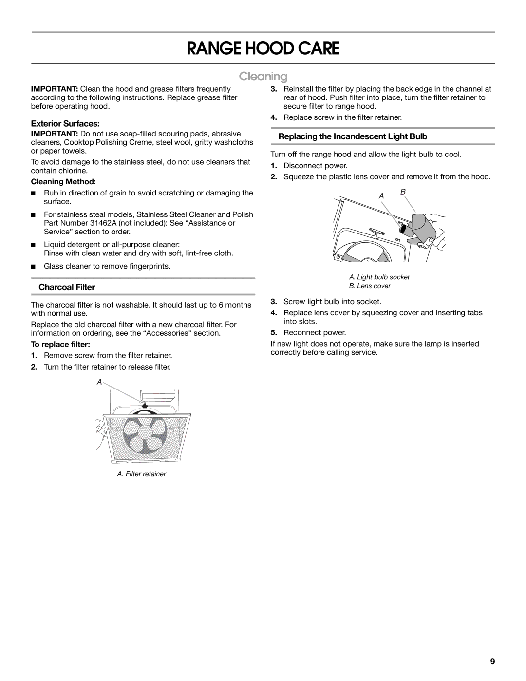 Whirlpool UXT4030AY Range Hood Care, Cleaning, Exterior Surfaces, Charcoal Filter, Replacing the Incandescent Light Bulb 