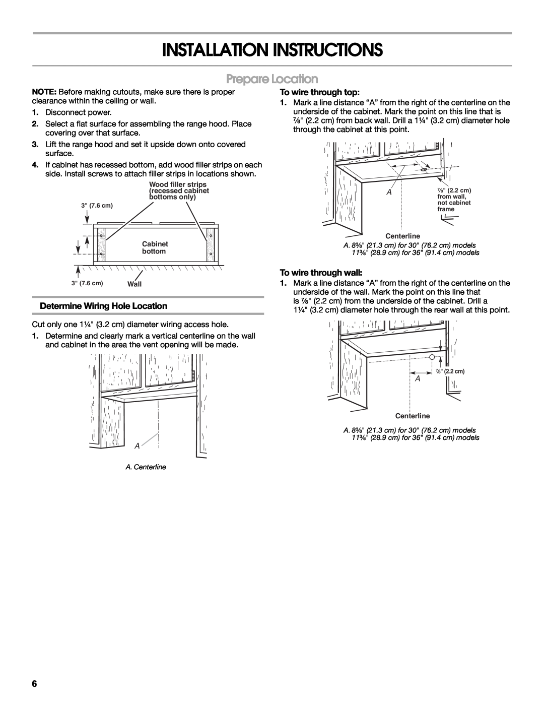 Whirlpool UXT4030AY Installation Instructions, Prepare Location, Determine Wiring Hole Location, To wire through top 