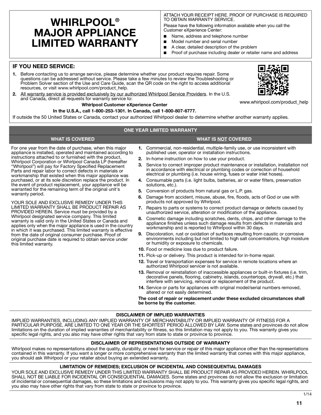 Whirlpool UXT4036AY, UXT4030AY installation instructions Whirlpool Major Appliance Limited Warranty, If YOU Need Service 