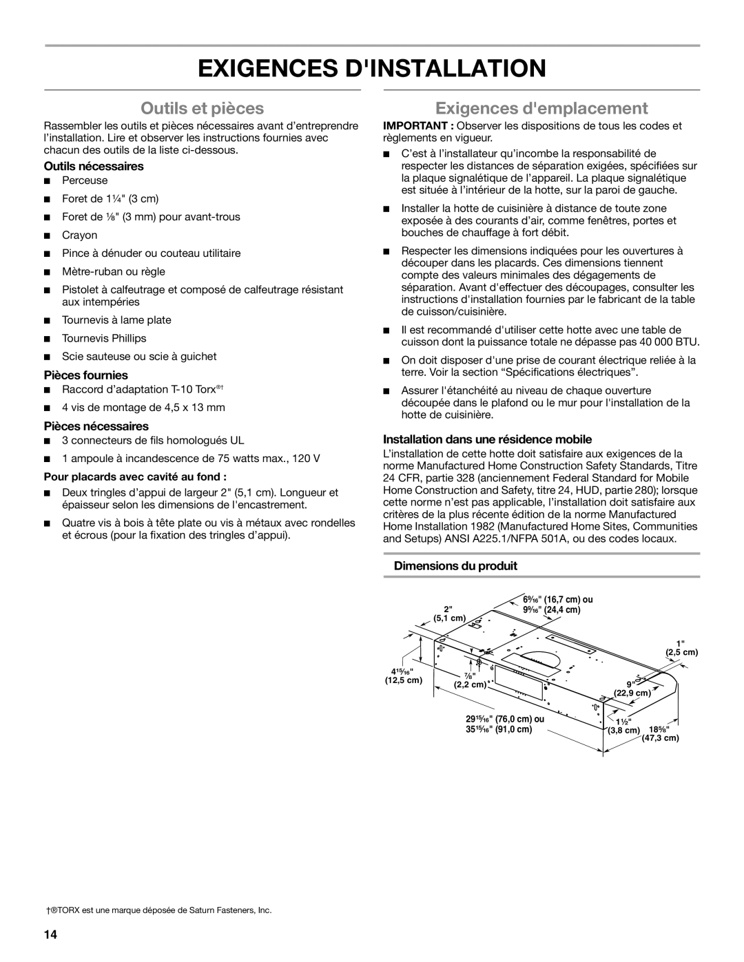 Whirlpool UXT4030AY, UXT4036AY installation instructions Exigences Dinstallation, Outils et pièces, Exigences demplacement 