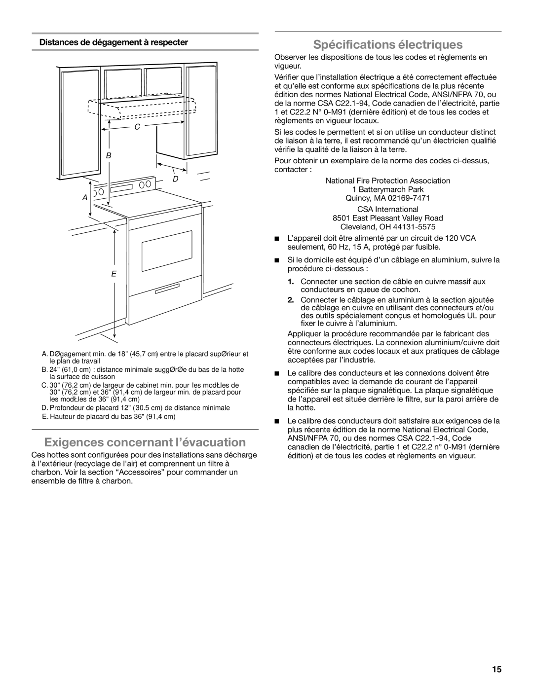 Whirlpool UXT4036AY Exigences concernant l’évacuation, Spécifications électriques, Distances de dégagement à respecter 