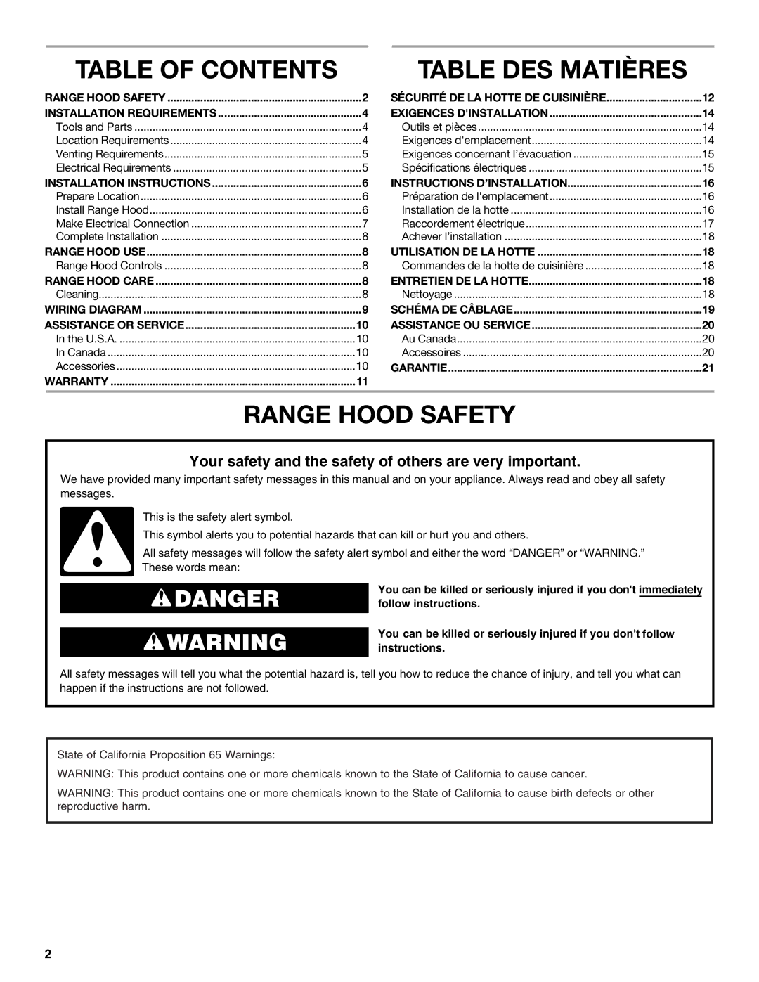 Whirlpool UXT4030AY, UXT4036AY installation instructions Table of Contents, Table DES Matières, Range Hood Safety 