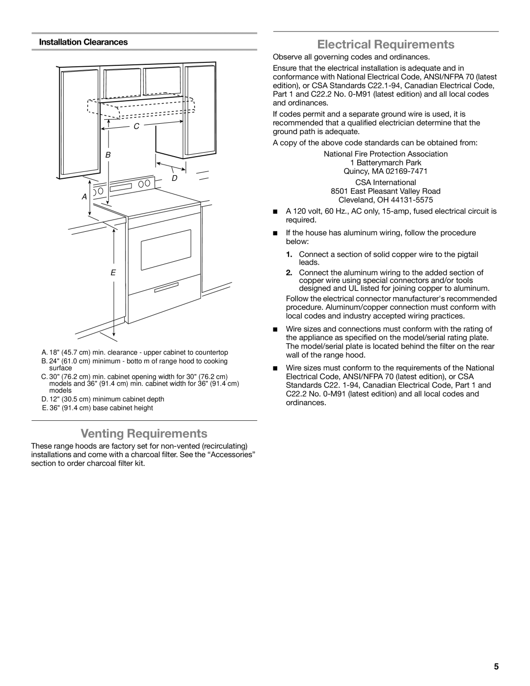 Whirlpool UXT4036AY, UXT4030AY Venting Requirements, Electrical Requirements, Installation Clearances 