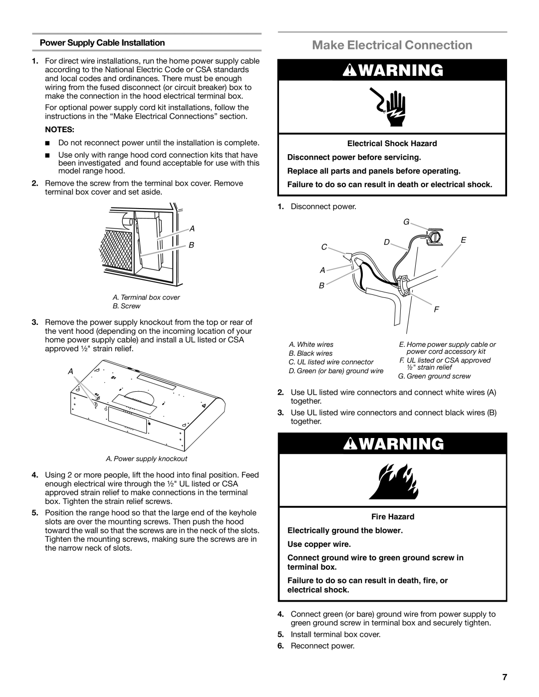 Whirlpool UXT4036AY, UXT4030AY installation instructions Make Electrical Connection, Power Supply Cable Installation 