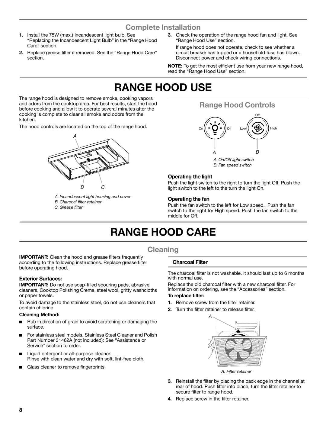 Whirlpool UXT4030AY, UXT4036AY Range Hood USE, Range Hood Care, Complete Installation, Range Hood Controls, Cleaning 