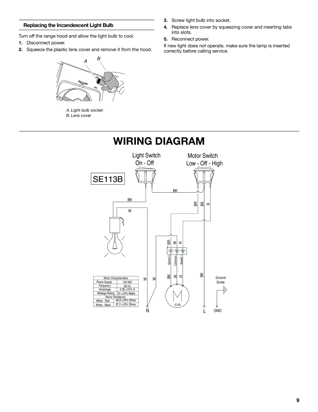 Whirlpool UXT4036AY, UXT4030AY installation instructions Wiring Diagram, Replacing the Incandescent Light Bulb 