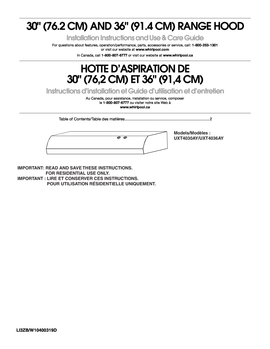 Whirlpool installation instructions Models/Modèles UXT4030AY/UXT4036AY, Important Read And Save These Instructions 
