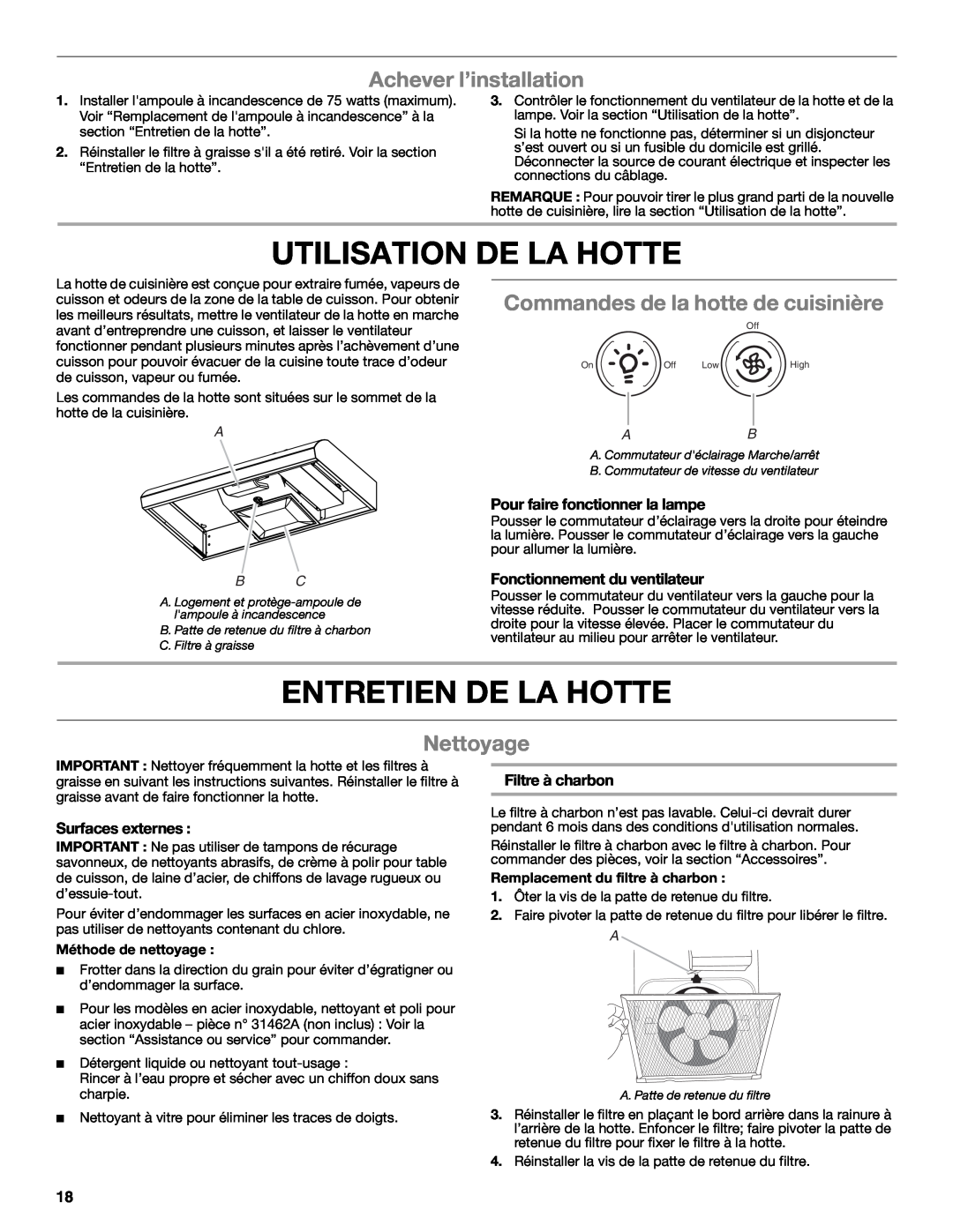 Whirlpool UXT4030AY Utilisation De La Hotte, Entretien De La Hotte, Achever l’installation, Nettoyage, Surfaces externes 