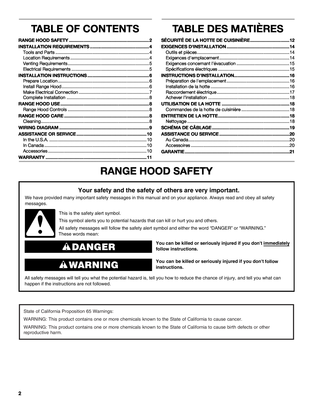 Whirlpool UXT4030AY, UXT4036AY installation instructions Table Of Contents, Table Des Matières, Range Hood Safety, Danger 