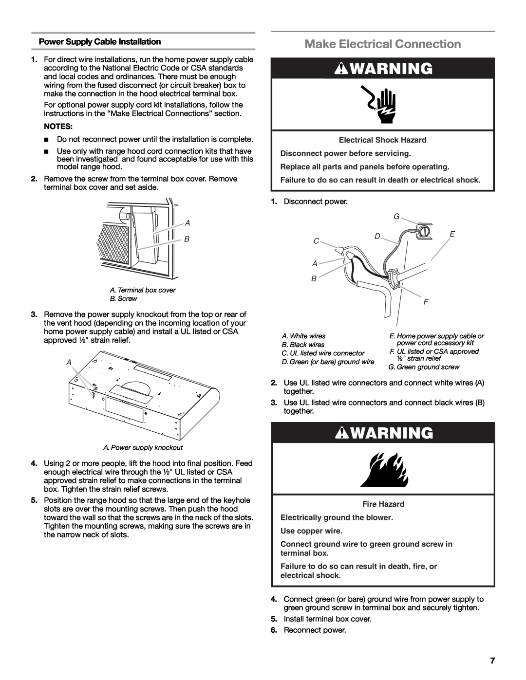 Whirlpool UXT4036AY, UXT4030AY installation instructions Make Electrical Connection, Power Supply Cable Installation 