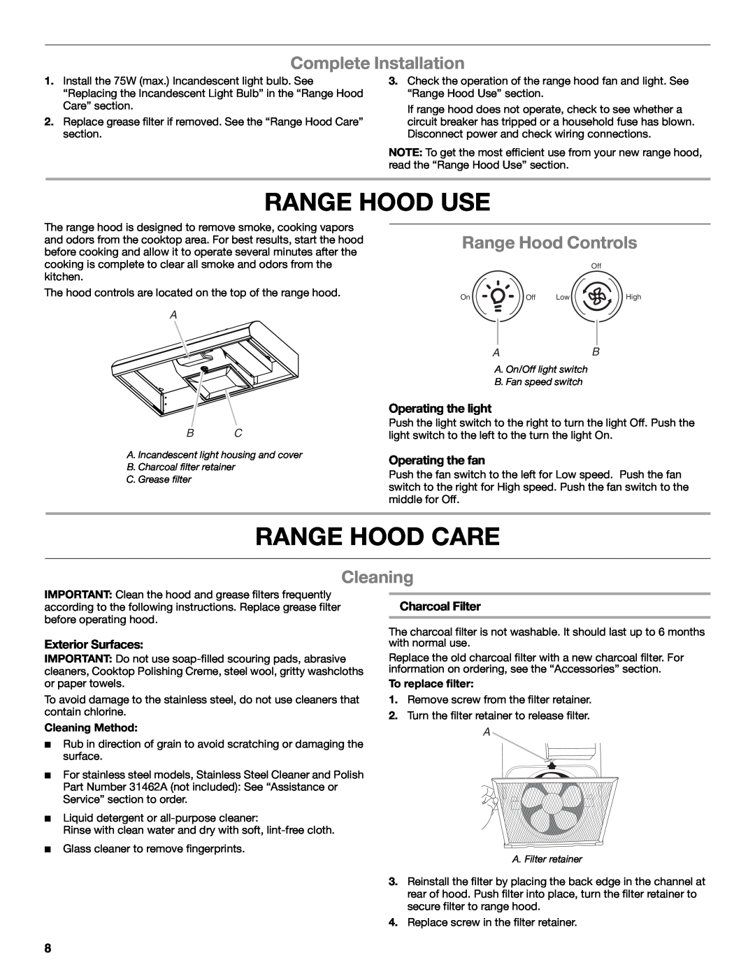 Whirlpool UXT4030AY Range Hood Use, Range Hood Care, Complete Installation, Range Hood Controls, Cleaning, Charcoal Filter 