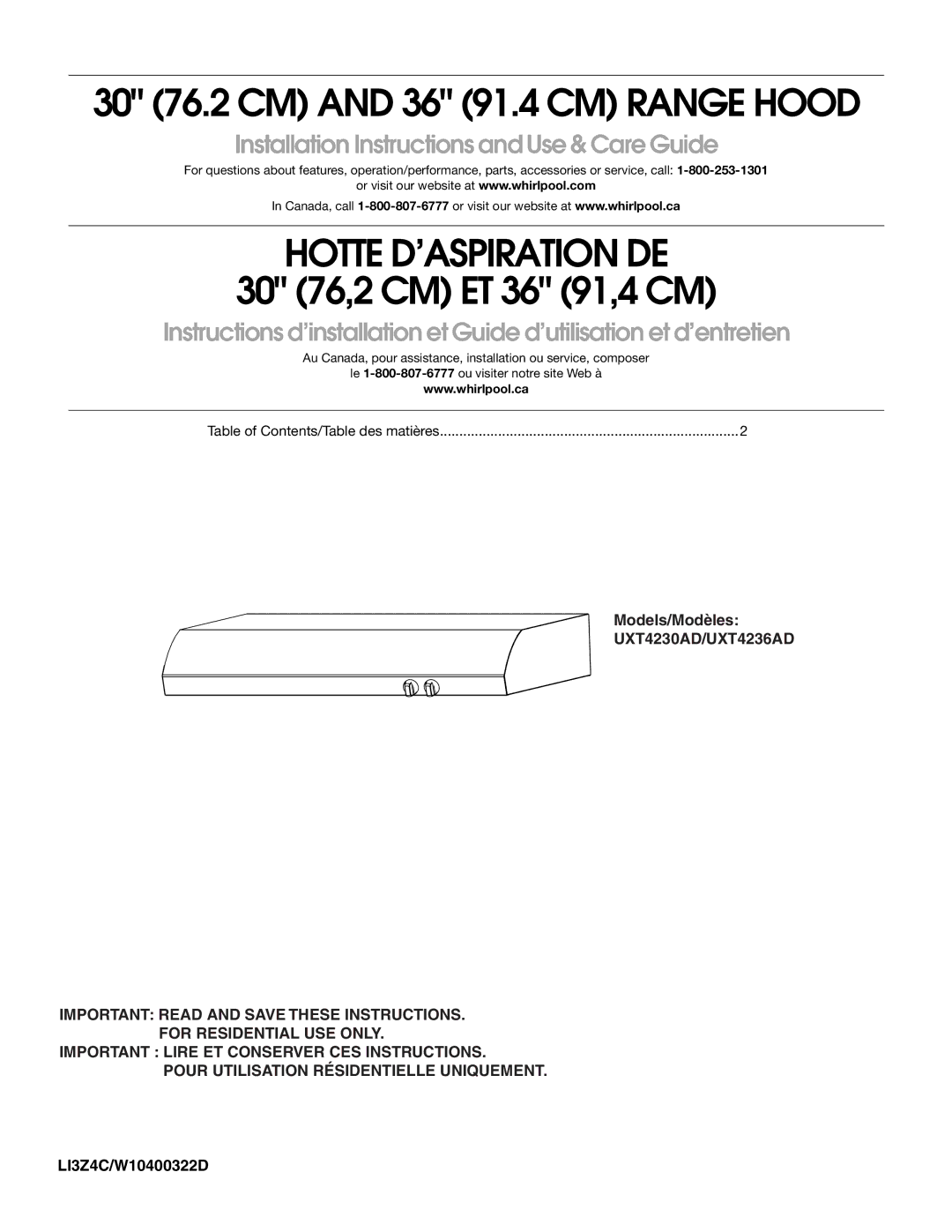 Whirlpool UXT4230AD, UXT4236AD installation instructions Hotte D’ASPIRATION DE 