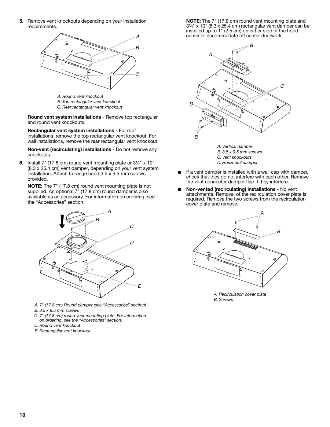 Whirlpool UXT4236AD, UXT4230AD installation instructions Round vent knockout Rectangular vent knockout 