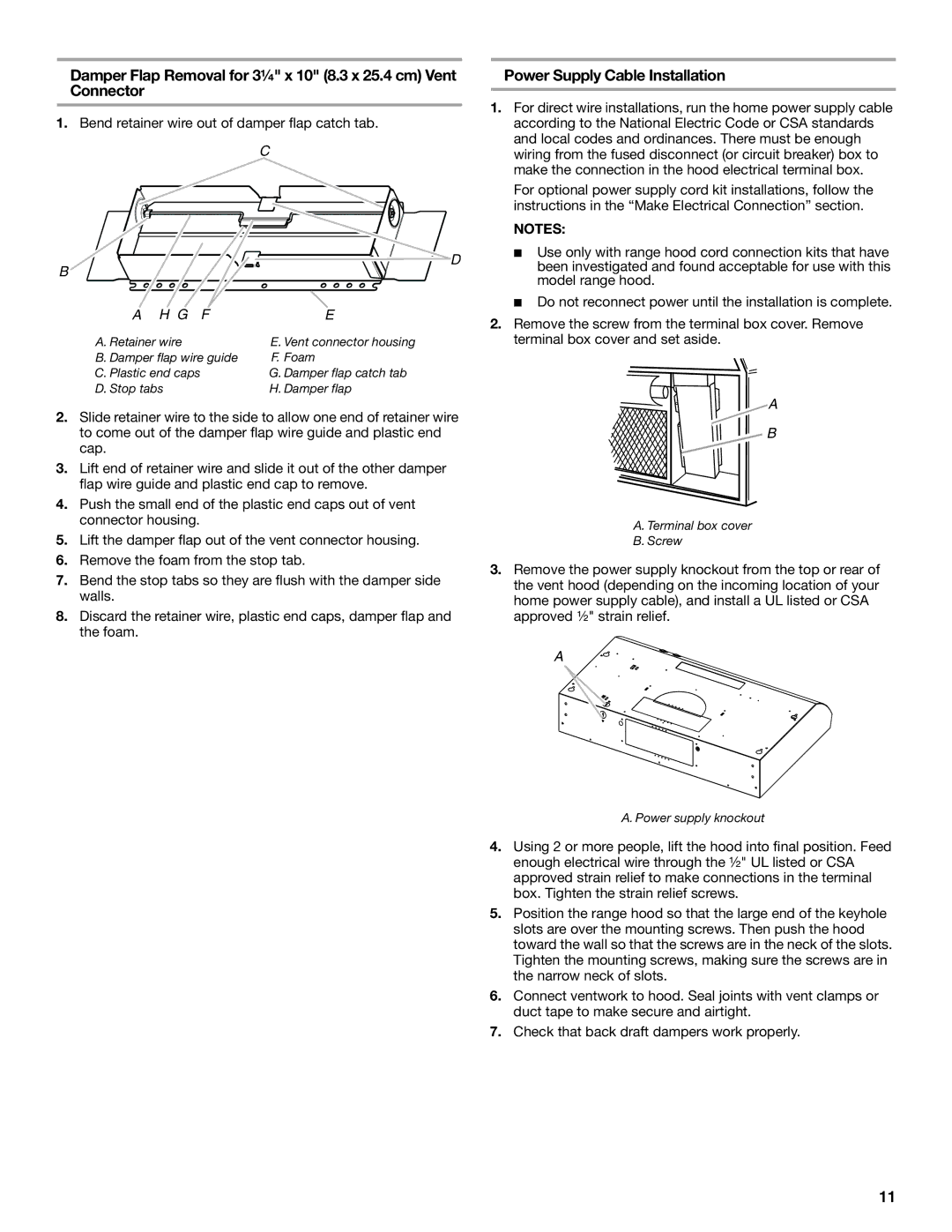 Whirlpool UXT4230AD Damper Flap Removal for 3¼ x 10 8.3 x 25.4 cm Vent Connector, Power Supply Cable Installation 