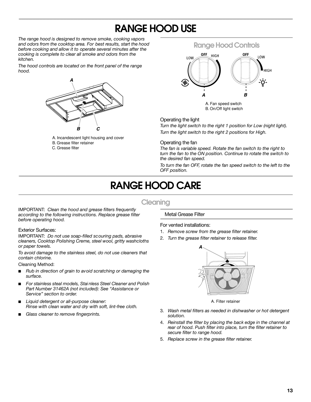 Whirlpool UXT4230AD, UXT4236AD installation instructions Range Hood USE, Range Hood Care, Range Hood Controls, Cleaning 