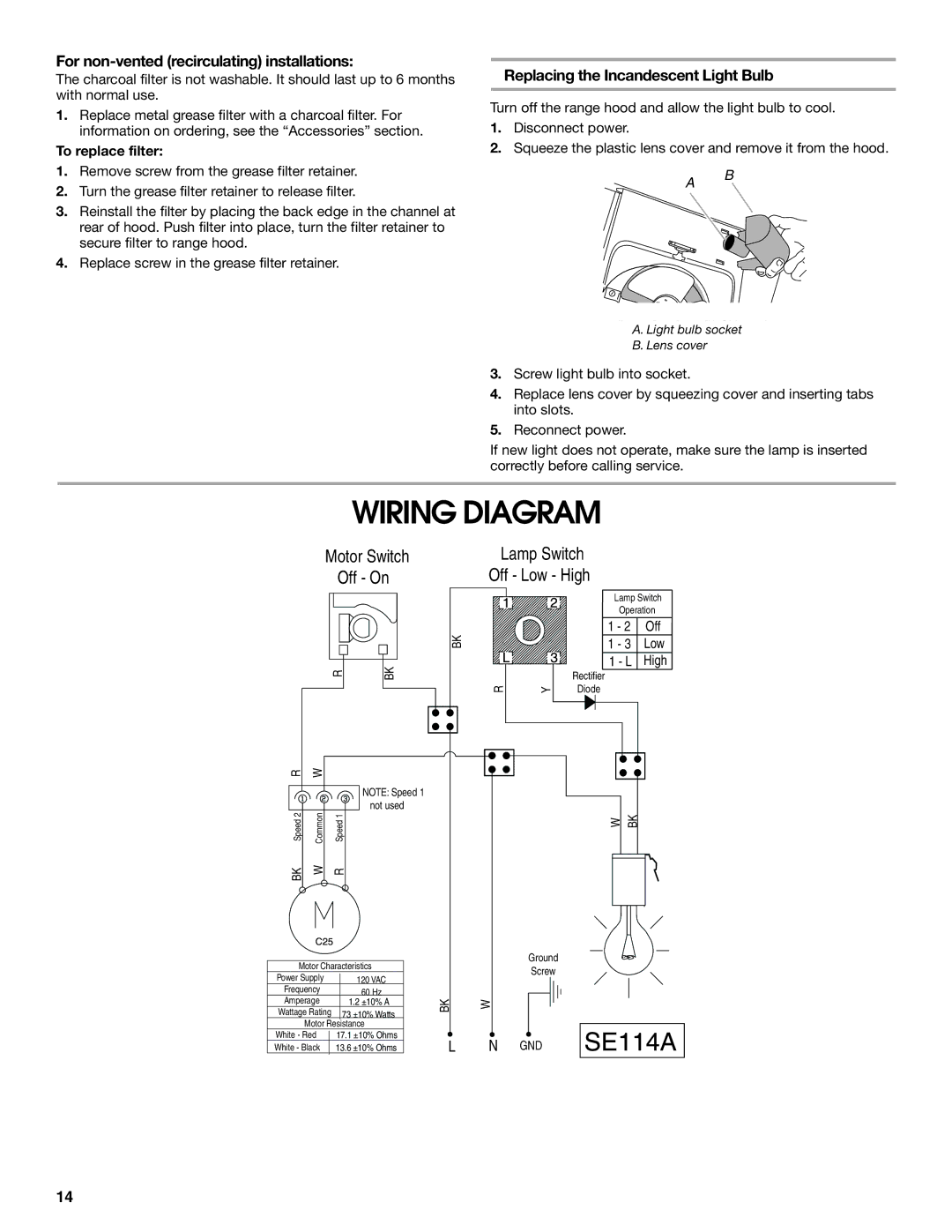 Whirlpool UXT4236AD Wiring Diagram, For non-vented recirculating installations, Replacing the Incandescent Light Bulb 