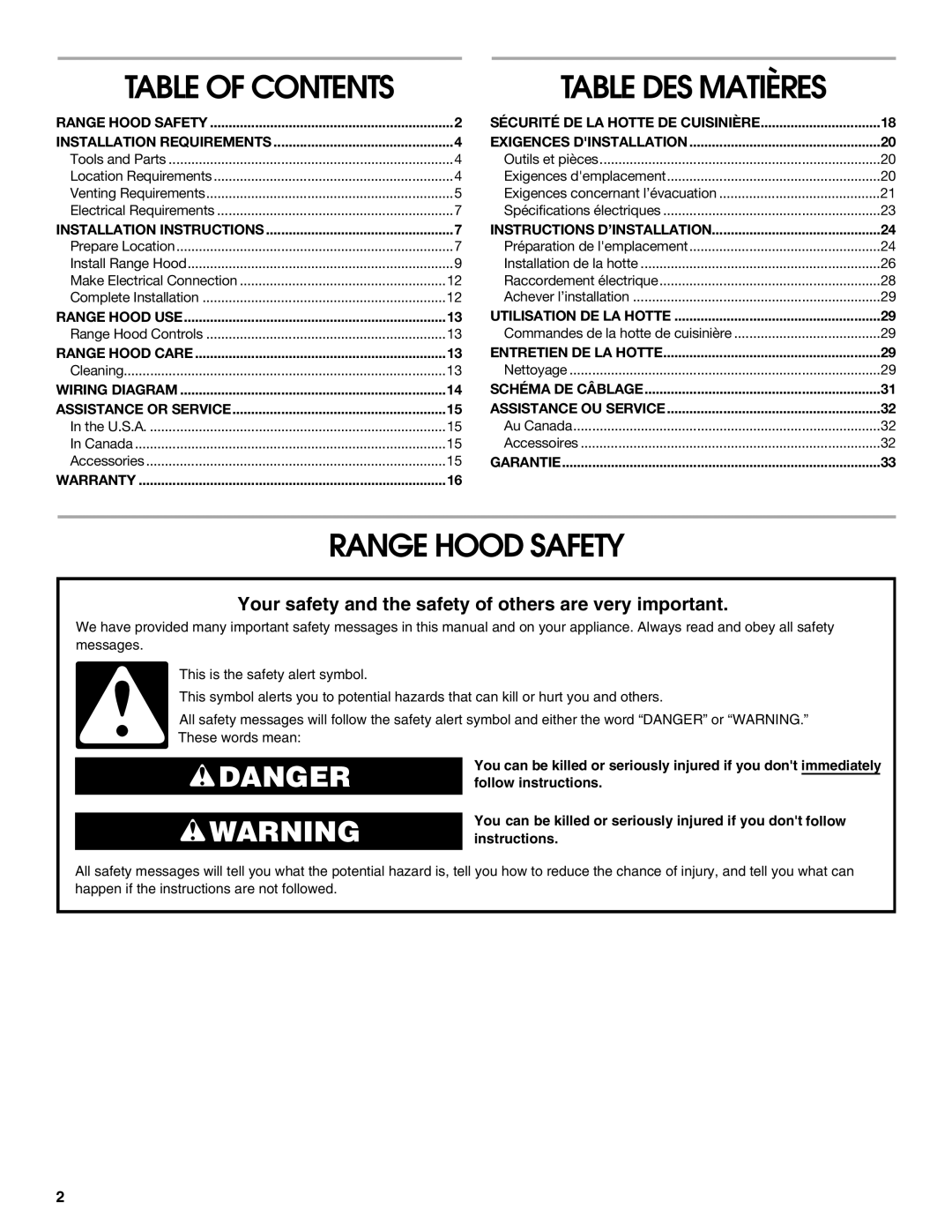 Whirlpool UXT4236AD, UXT4230AD installation instructions Range Hood Safety, Table of Contents 