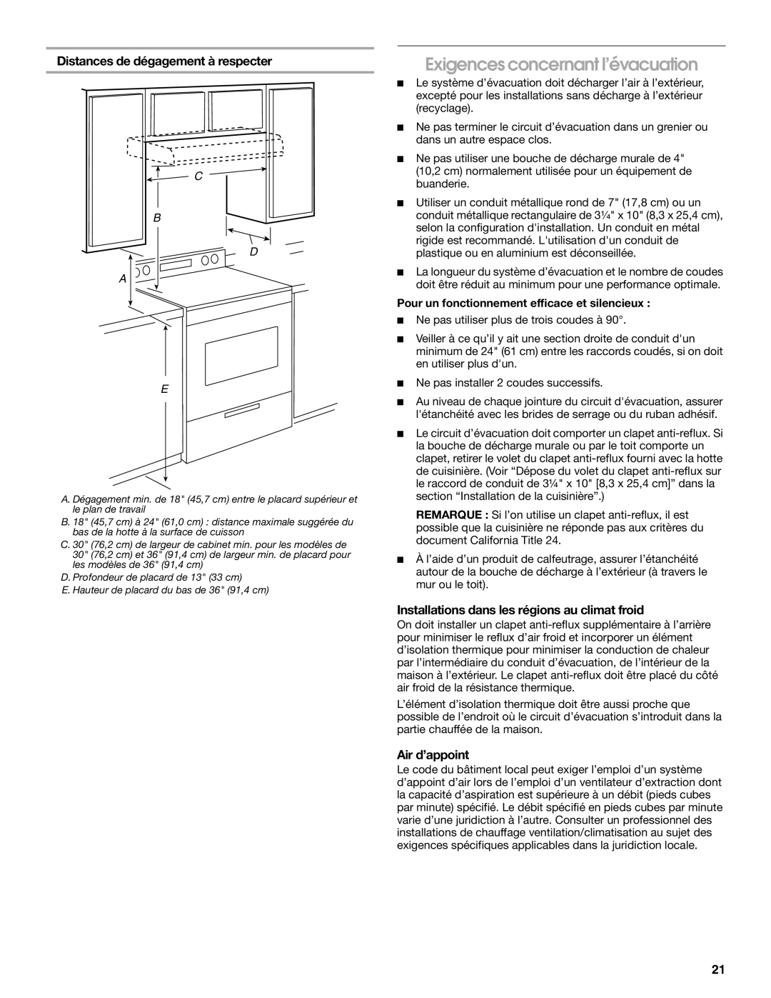 Whirlpool UXT4230AD, UXT4236AD Exigences concernant l’évacuation, Distances de dégagement à respecter, Air d’appoint 