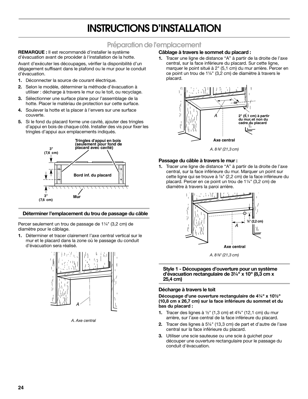 Whirlpool UXT4236AD Instructions D’INSTALLATION, Préparation de lemplacement, Câblage à travers le sommet du placard 