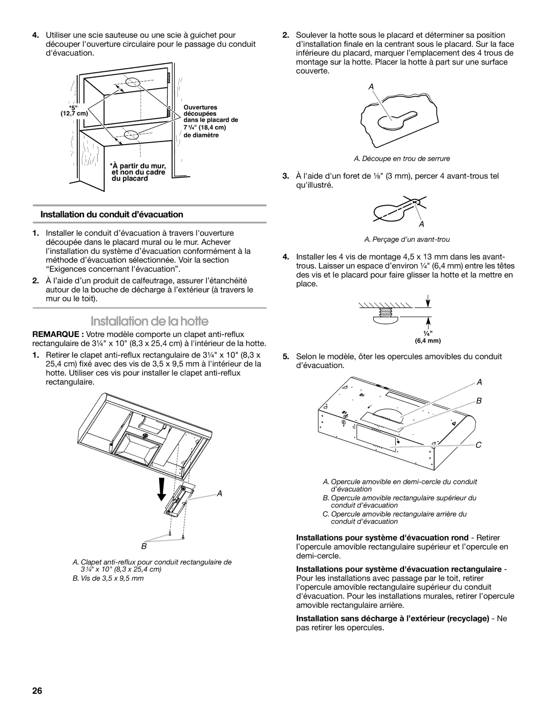 Whirlpool UXT4236AD, UXT4230AD installation instructions Installation de la hotte, Installation du conduit d’évacuation 